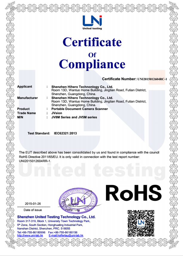 RoHS certificate UNI 2015