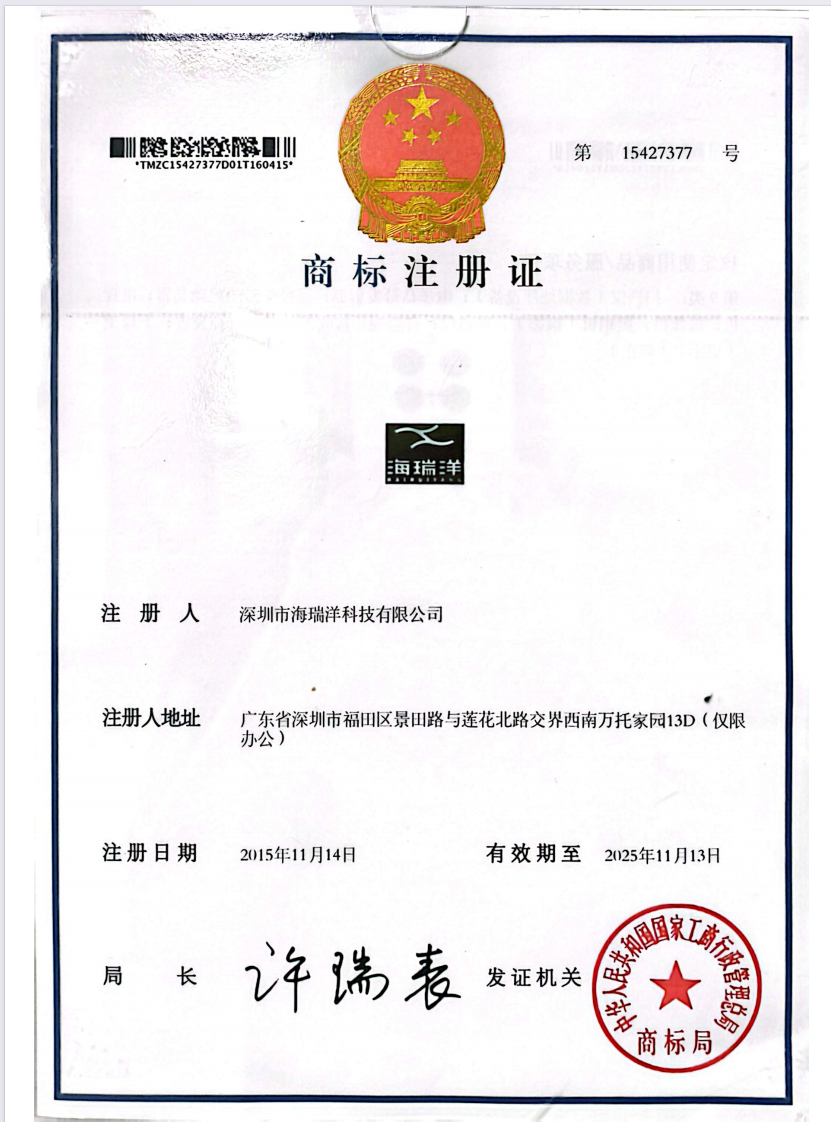 HAIRUIYANG trademark registration No.15427377